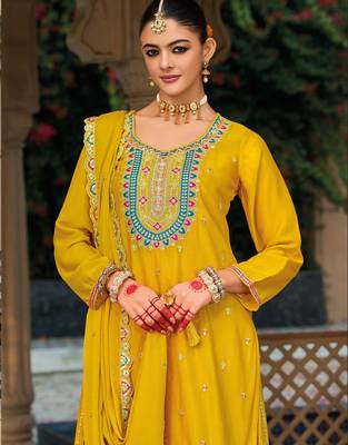 Mustard embroidery & sequins chinnon straight palazzo suit-- Full stitched free size 2