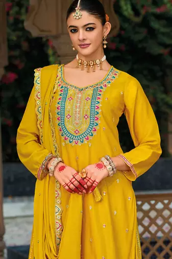 Mustard embroidery & sequins chinnon straight palazzo suit-- Full stitched free size