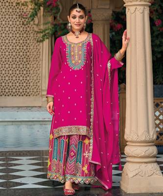 Pink embroidery & sequins chinnon straight palazzo suit-- Full stitched free size 1