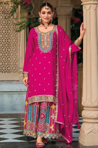 Pink embroidery & sequins chinnon straight palazzo suit-- Full stitched free size