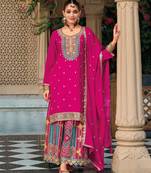 Pink embroidery & sequins chinnon straight palazzo suit-- Full stitched free size