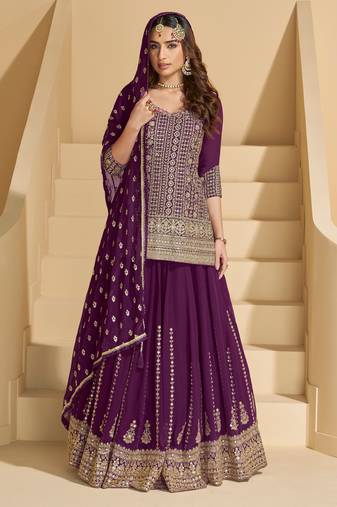 Purple embroidery sequins & stone gerogette straight lehenga suit-Full stitched free size