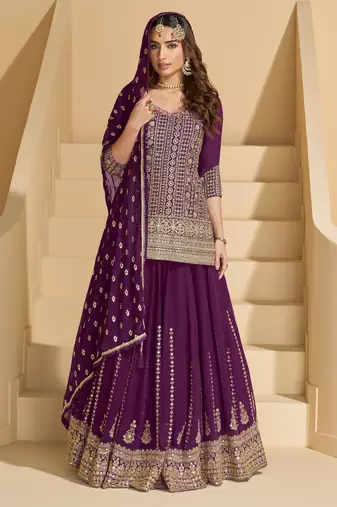 Purple embroidery sequins & stone gerogette straight lehenga suit-- Full stitched free size