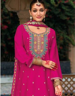 Pink embroidery & sequins chinnon straight palazzo suit-- Full stitched free size 2