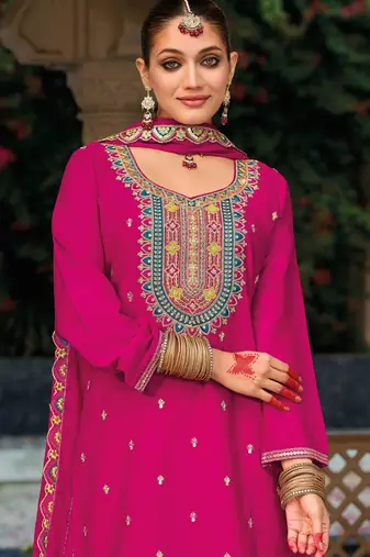 Pink embroidery & sequins chinnon straight palazzo suit-- Full stitched free size