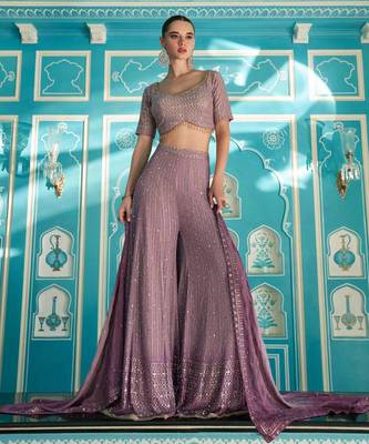 Lavender sequins & zari weaving with shimmer embroidery georgette blouse palazzo suit free size 42 1