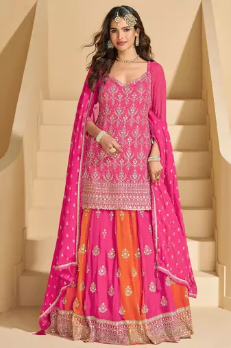 Pink embroidery sequins & stone georgette straight lehanga suit-Full stitched free size