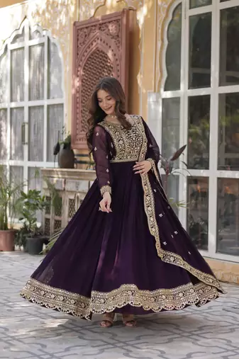 Wine Designer Trending Georgette Gown Dupatta Collection With Sequins Embroidered Work