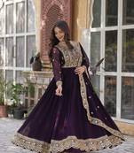 Wine Designer Trending Georgette Gown Dupatta Collection With Sequins Embroidered Work