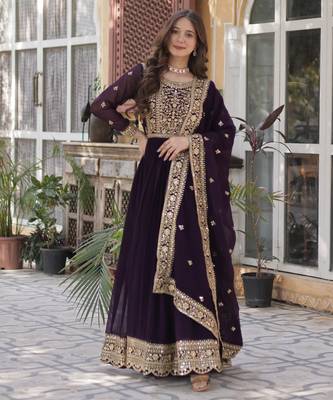Wine Designer Trending Georgette Gown Dupatta Collection With Sequins Embroidered Work 3