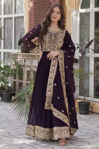 Wine Designer Trending Georgette Gown Dupatta Collection With Sequins Embroidered Work
