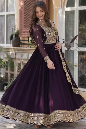 Wine Designer Trending Georgette Gown Dupatta Collection With Sequins Embroidered Work