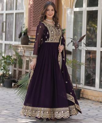 Wine Designer Trending Georgette Gown Dupatta Collection With Sequins Embroidered Work 5