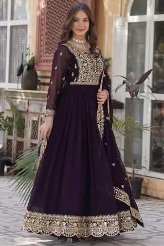Wine Designer Trending Georgette Gown Dupatta Collection With Sequins Embroidered Work