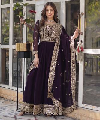 Wine Designer Trending Georgette Gown Dupatta Collection With Sequins Embroidered Work 6
