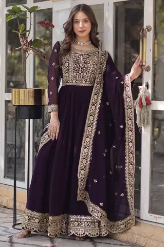 Wine Designer Trending Georgette Gown Dupatta Collection With Sequins Embroidered Work