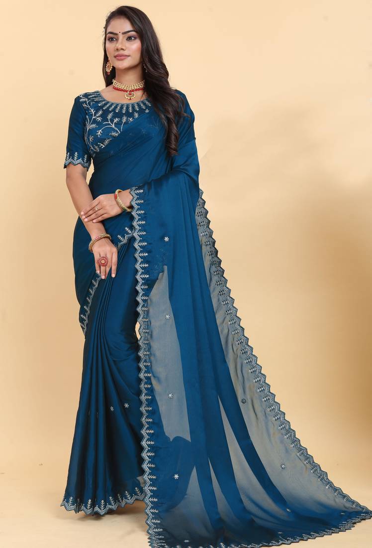 Elegance Designer Georgette Saree with Embroidery Border and Designer Work For Blouse neck and Sleeve