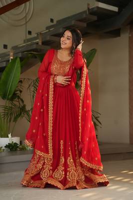 Red Faux Blooming Georgette With Rich Sequins Multi Embroidered Gown With Dupatta 1