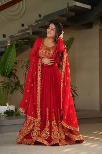 Red Faux Blooming Georgette With Rich Sequins Multi Embroidered Gown With Dupatta
