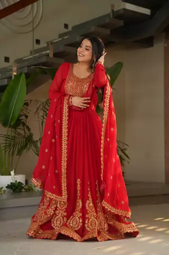 Red Faux Blooming Georgette With Rich Sequins Multi Embroidered Gown With Dupatta