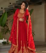 Red Faux Blooming Georgette With Rich Sequins Multi Embroidered Gown With Dupatta