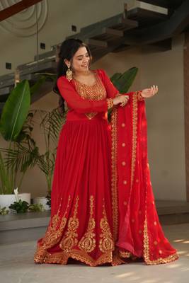 Red Faux Blooming Georgette With Rich Sequins Multi Embroidered Gown With Dupatta 2