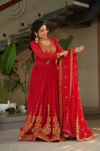 Red Faux Blooming Georgette With Rich Sequins Multi Embroidered Gown With Dupatta
