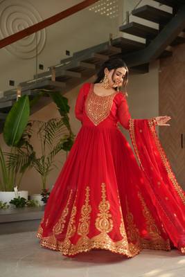 Red Faux Blooming Georgette With Rich Sequins Multi Embroidered Gown With Dupatta 3