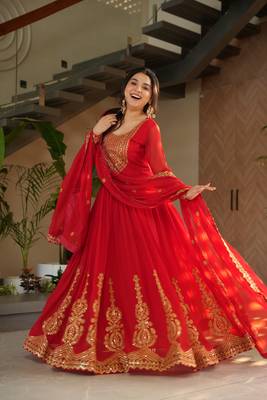 Red Faux Blooming Georgette With Rich Sequins Multi Embroidered Gown With Dupatta 4