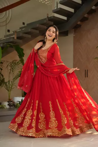 Red Faux Blooming Georgette With Rich Sequins Multi Embroidered Gown With Dupatta