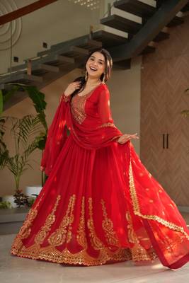 Red Faux Blooming Georgette With Rich Sequins Multi Embroidered Gown With Dupatta 5