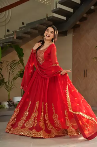 Red Faux Blooming Georgette With Rich Sequins Multi Embroidered Gown With Dupatta