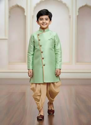 green faux jute plain boys indo western dress with dhoti 1