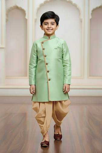 green faux jute plain boys indo western dress with dhoti