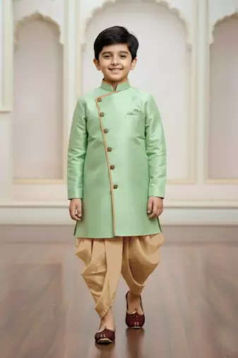green faux jute plain boys indo western dress with dhoti