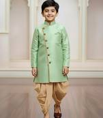 green faux jute plain boys indo western dress with dhoti