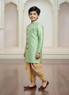 green faux jute plain boys indo western dress with dhoti 2