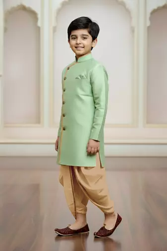 green faux jute plain boys indo western dress with dhoti