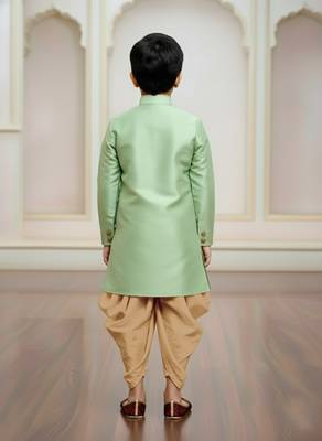 green faux jute plain boys indo western dress with dhoti 3