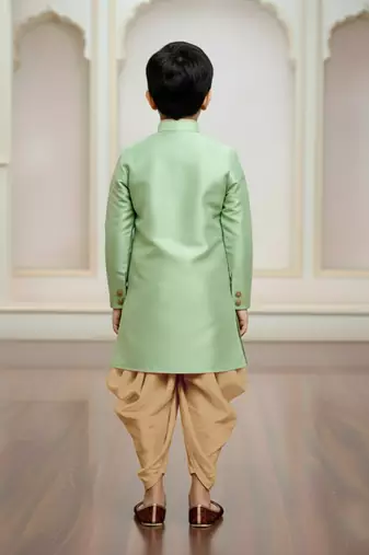 green faux jute plain boys indo western dress with dhoti