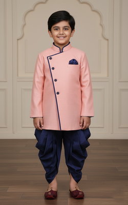 pink faux jute plain boys indo western dress with dhoti 1
