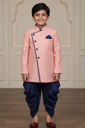 pink faux jute plain boys indo western dress with dhoti