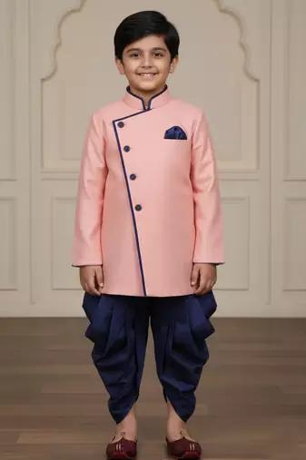 pink faux jute plain boys indo western dress with dhoti