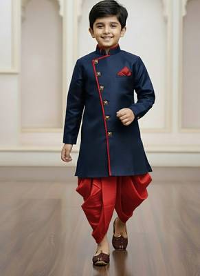 blue faux jute plain boys indo western dress with dhoti 1
