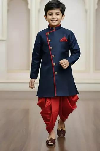 blue faux jute plain boys indo western dress with dhoti