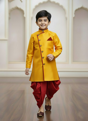 yellow faux jute plain boys indo western dress with dhoti 1