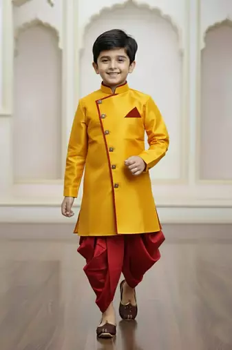 yellow faux jute plain boys indo western dress with dhoti