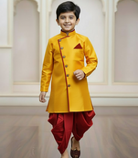 yellow faux jute plain boys indo western dress with dhoti