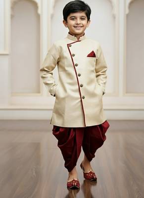 brown faux jute plain boys indo western dress with dhoti 1