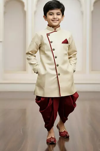 brown faux jute plain boys indo western dress with dhoti